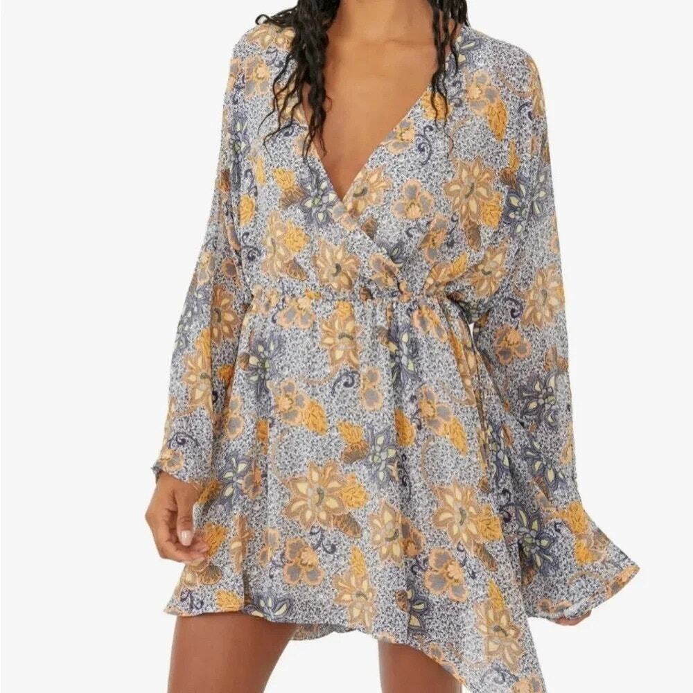 FREE PEOPLE Teegan Mini Dress Size Large Blue Yellow Floral Long Sleeve Boho